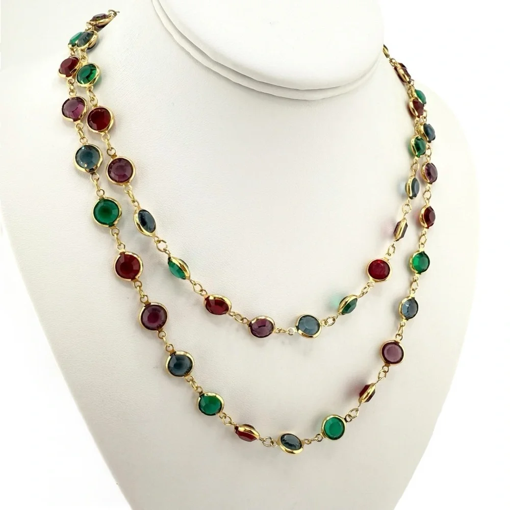 VTG Swarovski Gold Bezel Set Necklace with Red, Green, Blue and Purple Crystals